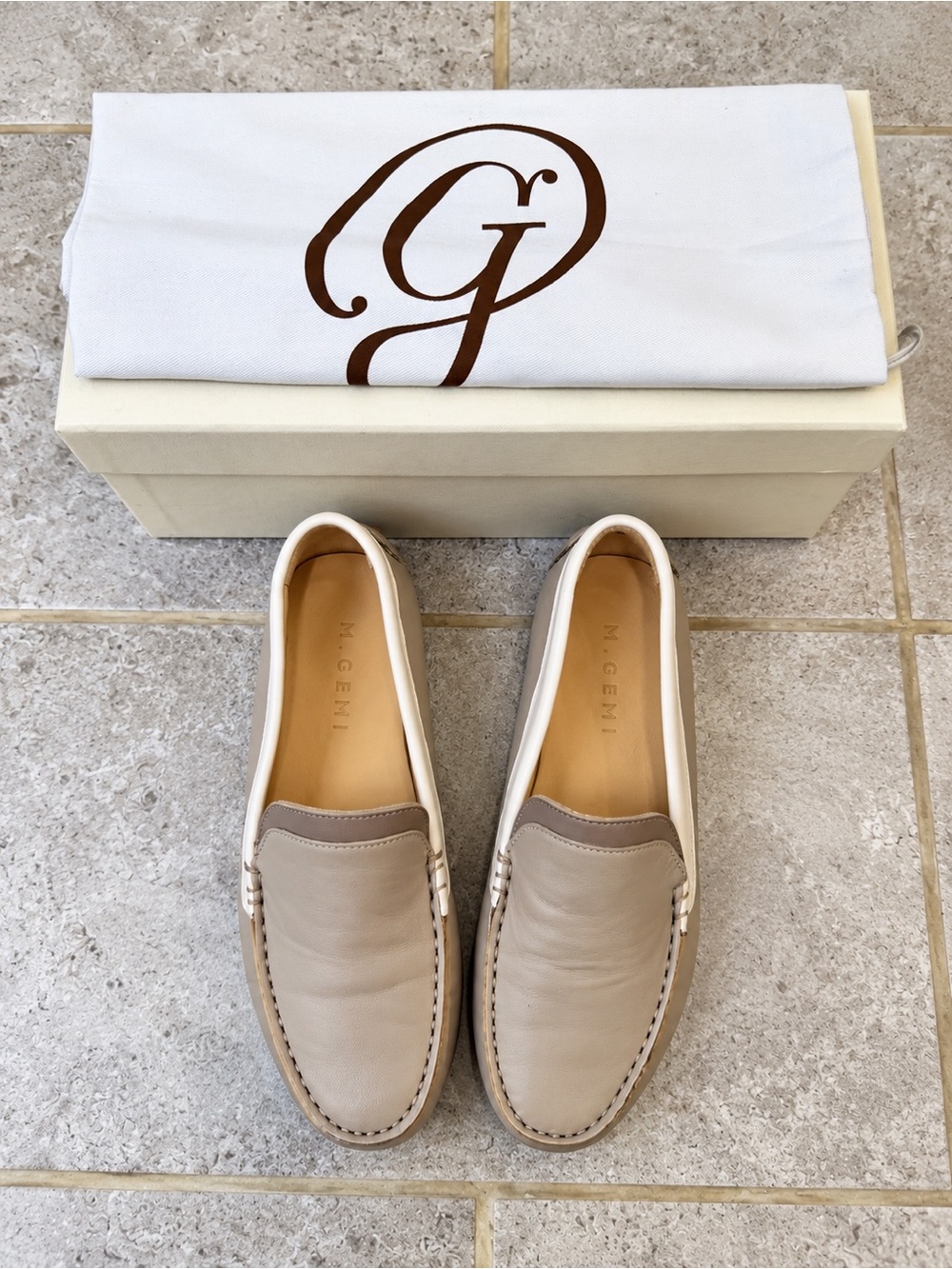 M. Gemi Taupe and Cream Leather Slip-On Loafers